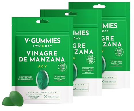 V Gummies - Gominolas de Vinagre de Manzana para Salud Digestiva - Apple Cider Vinegar Gummies - Sabor Natural a Manzana con Vitamina C y Pectina - 50 Unidades (Pack de 3)