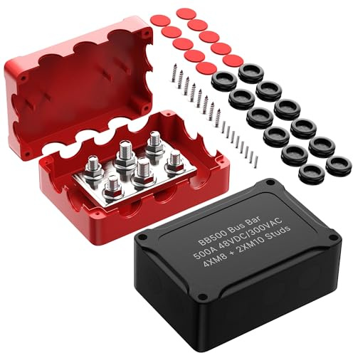 Joinfworld 500A Heavy Duty Bus Bar,4 x 5/16(M8)+2 * 3/8(M10) Studs | Waterproof Distribution Block 48V DC Battery Busbar with Cover for Automotive,Truck,Marine,Boat,RV - Negative&Positive