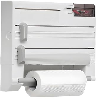 3-in-1 Küchenrolle Halter mit Folien- und Alufolie Spender, Wandmontage Küchenorganizer mit integriertem Cutter, Papierrolle, Frischhaltefolie & Alufolie Spender für Küchen (Weiß)