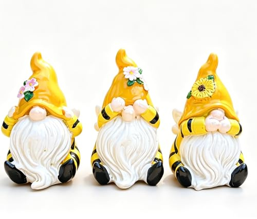 3 Pcs Yellow Bee Theme Garden Gnomes Outdoor, Versatile Resin Garden Gnome Set Garden Statues Outdoor for Balcony and Yard Display, Exquisite Bumble Bee Gifts for Bee Lovers