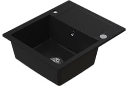 HOMEVELLO Spülbecken DIGNUM Einbecken Granitspüle 59x50x21cm Graphit, Hochwertige Küchenspüle mit Siphon, Abtropffläche, Pflegeleicht, Kratzfest, Moderne Design, Perfekt für jede Küche