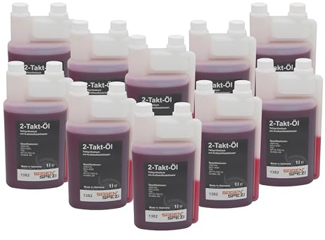 Sägenspezi 2-Takt-Motoröl FF Fuel Fresh teilsynthetisches Zweitaktöl selbstmischend raucharm 1:50 für Motorsägen, Kettensägen, Rasenmäher, Mofas – 10 Liter Sparpaket 10x 1 L Dosierflasche