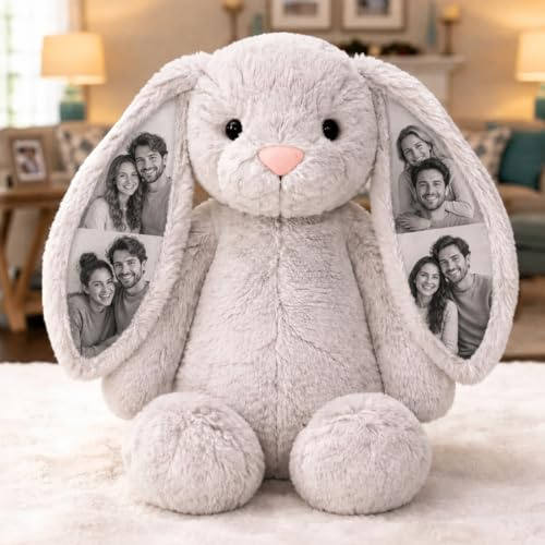 VEELU Peluche Lapin Personnalisée avec Photo Animal en Peluche Coussin de Lapin Personnalisable pour Femme Couple Idée Cadeau Anniversaire Mariage Saint-Valentin