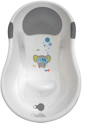 dBb Remond Baignoire Bébé de 0 à 6 mois - Bouchon de vidange - Têtière & poignées en caoutchouc - Transat intégré – Bain Bébé - Contenance 10 litres - L64 x l38 x P22.5 cm - Décor éléphant