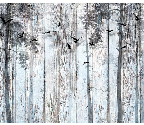 decomonkey Fototapete Holz 350x256 cm XL Tapete Wandbild Bild Fototapete Holzn Tapeten Wandtapete Wand Schlafzimmer Wohnzimmer Holzoptik Baum Vogel Natur
