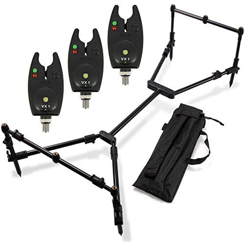G8DS® Set Rod Pod Rutenhalter mit 3 Bank Sticks + Tragetasche inklusive 3 Bissanzeiger mit Lautstärkeregler und LED´s Aufbewahrungstasche, Karpfen, Angeln