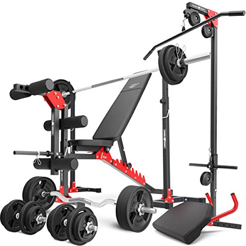 Marbo Sport Set MH25 – Hantelbank, 2-teiliger Langehantelständer, Latzug, Curl-Bank, Beintrainer, 1x SZ-Curlstange, 2X Kurzhantelstange, 1x Langhantelstange + gummierte Gewichtsscheiben 113 insg. Kg