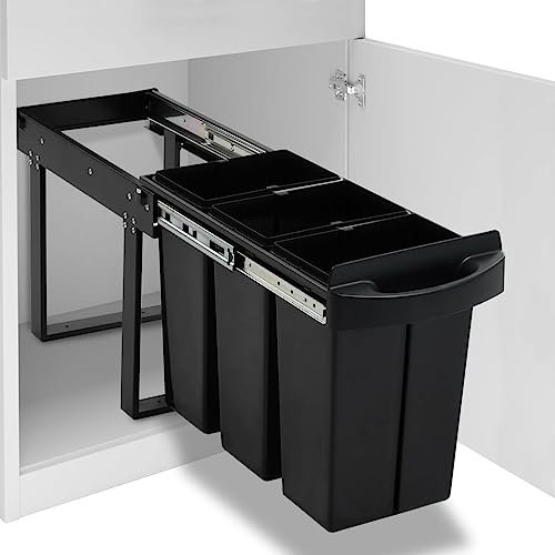 vidaXL Poubelle Amovible de Cuisine Fermeture en Douceur, Poubelle Coulissante avec Deux Bacs Séparés, Poubelle à Ordures avec Couvercle Maison Intérieur, 36 L