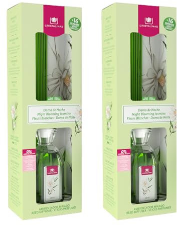 CRISTALINAS Ambientador Mikado Clásico. Difusor con Varillas de ratán. Formula sin Alcohol. Máxima duración, más de 16 semanas. 180ml de Capacidad. Aroma Dama de Noche. (2x180ml)