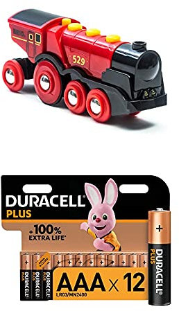 BRIO World 33592 Rote Lola elektrische Lok – Batterie-Lokomotive mit Licht & Sound – Kleinkinderspielzeug empfohlen ab 3 Jahren + Duracell Plus AAA Alkaline-Batterien, 12er Pack