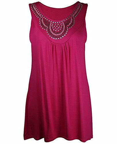 FAIRY TRENDZ LTD Ladies Sleeveless Long Studded Vest Top Womens Plus Size Stretch Scoop Neck Top Sizes 14-28 (Fuchsia UK 16)