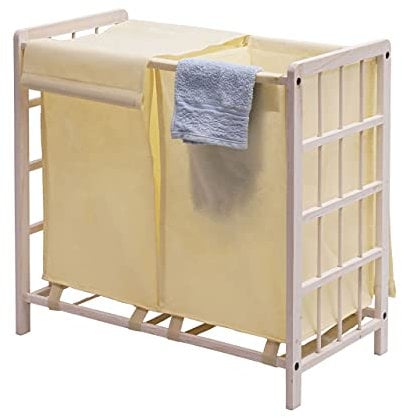 Wäschesammler HWC-B60, Laundry Wäschebox Wäschekorb, Massiv-Holz 2 Fächer 60x60x33cm 68l - shabby weiß, Bezug creme
