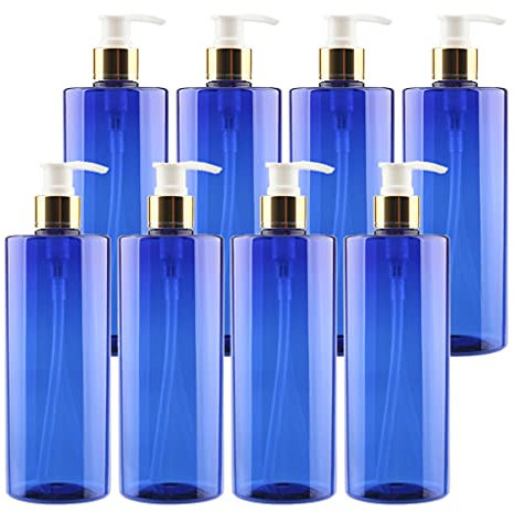 ZEOABSY Pack of 8, Empty 500ml Dispenser Pump Bottle Blue PET Plastic Bottle Gold/White Lotion Pump Refillable Bathroom Shampoo Body Oil Bottle