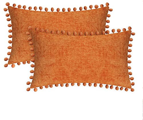 CaliTime Kissenbezüge, 2 Stück, gemütliche, solide gefärbte, weiche Chenille-Kissenbezüge mit Pompons für Couch, Sofa, Heimdekoration, 30 cm x 50 cm, Hellorange