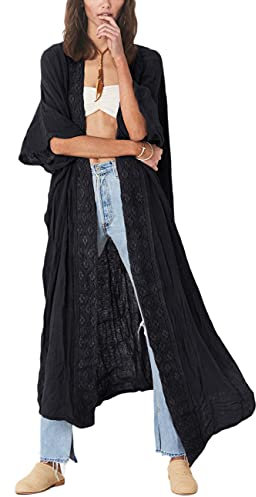 Bsubseach Schwarz Stickerei Open Front Strandponcho für Damen Halbarm Bikini Strand Kimono Cardigan