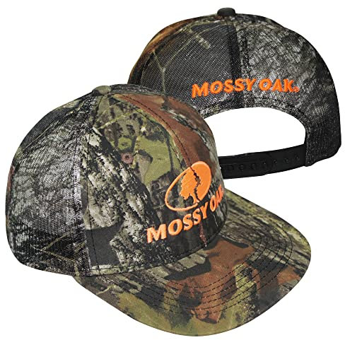 Mossy Oak BU Blaze Trucker-Mütze mit orangefarbenem Logo, Netzrücken, mittlere Krone, flach, feuchtigkeitsableitendes Schweißband, Orange/Abendrot im Zickzackmuster (Sunset Chevron), Einheitsgröße/L