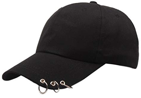 bibididi Unisex Korean Harajuku Baseball Cap mit Metallringen Hip Hop Verstellbarer Papa Hut,DREI-Ring Baseball Cap,Schwarz