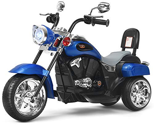 COSTWAY Moto Électrique 6V pour Enfants avec Phare Réglable de Haut en Bas, 3 Roues, Pédales et Dossier, Bouton Avant/Arrière, Style de Chopper, Charge Max 30KG pour Enfants de 3 Ans + (Bleu)…