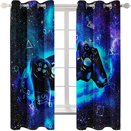 Xisnuient Kids Boy Teen Bedroom Blackout Curtains 2 Panels Blue Purple Galaxy Star Game Controller Graffiti 3D Printing Gamer Living Room Large Curtain With Holes (Navy Blue,2Pc-W46'' X L54'')
