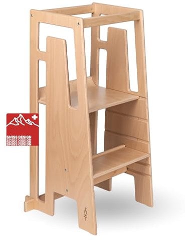 Tuki Lernturm ab 1 Jahr für Kinder Nature | Höhenverstellbar, hohe Standsicherheit, ergonomisches Design | Langlebiger Montessori Learning Tower hilft bei Motorik & Lernen