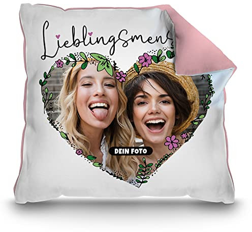 PR Print Royal Fotokissen mit Spruch - Lieblingsmensch - zum selbst gestalten Kissen mit Foto in Herzform - Geschenke zum Jahrestag | inkl. Füllung, Rückseite Rosa, 40 x 40 cm