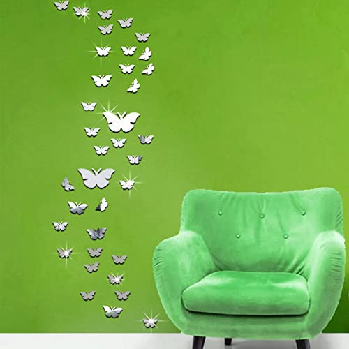Spiegel Schmetterling Deko, 36pcs Acryl 3D Wandkunst Aufkleber Spiegel Aufkleber für Wohnzimmer Schlafzimmer Büro B Stil Nett (Silber)