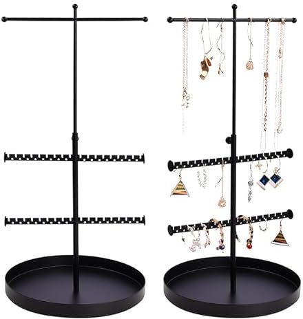 Présentoir à Bijoux Blanc Noir, 4 Niveaux Porte Bijoux en Métal, Support pour Boucles D'oreilles, Organisateur de Bijoux Suspendu, Rangement de Bijoux pour Bagues Bracelets, Hauteur Réglable (Noir)