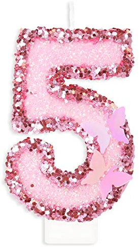 Geburtstagskerzen Zahlen 5, Schmetterling Kerzen Geburtstag, Personalisierte Geburtstagskerzen Kinder, Rosa Tortendeko 5 Geburtstag, Glitzernde Kuchendeko für KinderGeburtstags, Erwachsenen-Jubiläum