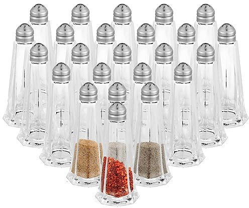 Bokon Set of 24 Tower Glass Salt and Pepper Shakers Bulk 1oz Small Tower Spice Shakers Refillable Glass Salt Shaker with Stainless Steel Chrome Top Lid for Home Restaurant Kitchen Seasonings Supplies