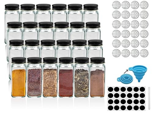 Bewunder Lot de 24 x 120ml pots à épices en verre carré avec couvercle à vis, les étiquettes, les accessoires de saupoudrage et l'entonnoir en silicone (Métal)