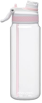 ANGVOOL 2 in 1 Lid Water Bottle with Straw, Leak Proof Sports Drink Bottles for Gym Adult Men Women, BPA Free (Clear-pink, 900ml)
