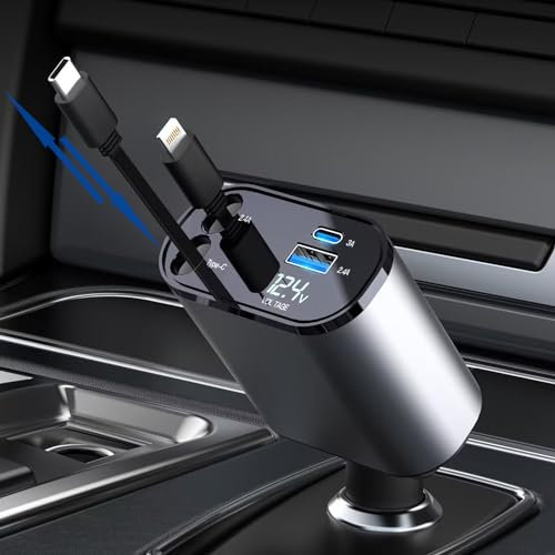 SPGUARD Auto Schnell Ladegerät KFZ Einziehbares Retractable Car Charger Zigarettenanzünder 60w SteckerAdapter USB MultiPort kompatibel mit iPhone 15/14/13/12/Pro max/Sumsang S23/S22/S21/Pixel 7/6.