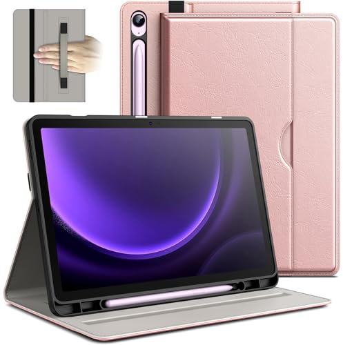 JETech Hülle für Samsung Galaxy Tab S10 FE / S9 FE 10,9 Zoll mit S Pen Halter, PU-Leder Geschäft Folio Ständer Tablet Schutzhülle mit Tasche & Riemen, Multi-Winkel Betrachtung (Roségold)