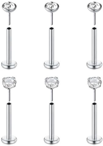 FECTAS 6pcs Threadless Push-In Knorpel Tragus Helix Piercing Schmuck Flat Back Stud Ohrringe Edelstahl 16G 10mm Lip Bars Labret Stud Lip Ear Medusa Piercing 3mm CZ Silber
