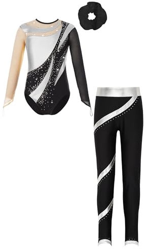 FEESHOW Kinder Mädchen Turnanzug Mit Hose Glitzer Langarm Gymnastik Trikot Tanz Leotard Ballett Body Leggings Set Ballett Tanzkleidung Silber&Schwarz 134-140