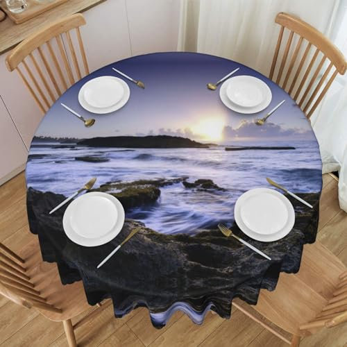 SATUSA Puerto Rico Tischdecke mit Strandaufdruck, rund, 152 cm Durchmesser, wasserabweisend, abwischbar, Polyester, Tischdecke