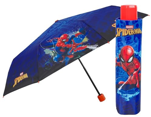 PERLETTI Paraguas Infantil Hombre Araña Portátil Seguro - Paraguas Plegable de Superhéroes para Niños - Sombrilla Lluvia Niño - Paraguas Spider con Apertura Manual - Diámetro 91 cm (Azul)