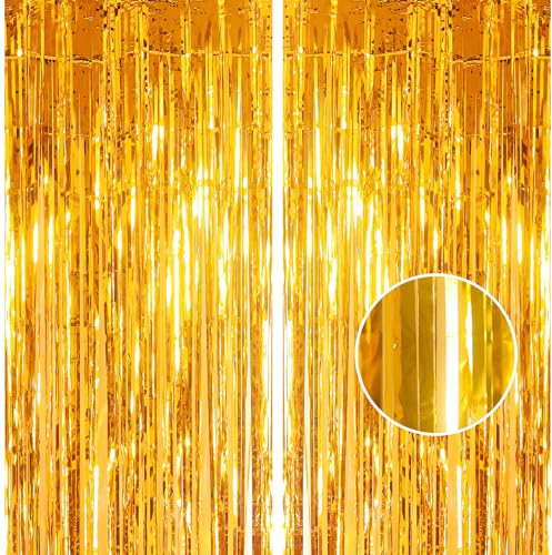 2pcs 3.2 x 8.3ft Glitter Gold Tinsel Curtain Foil Curtain Decorations Metallic Tinsel Door Hanging Foil Flow Silk Streamers Photo Backdrop Decoration for Christmas Graduation Newyears Wall Streamers