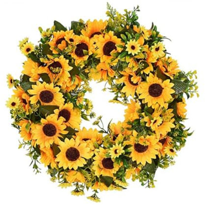 Spring Wreath, Spring Wreaths for Front Door, 40cm/15.7inch Artificial Sunflower Wreath, Summer Wreaths for Front Door Wall Window Decor