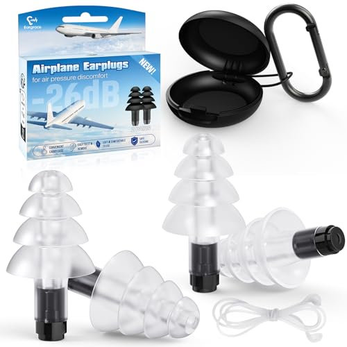 Tapones Oidos Cancelacion de Ruido, 2 Pares de Tapones para los Oídos Reutilizables para Avión 26dB, con Cordón Conector de Silicona, Protección Auditiva para Avión, Conciertos, Motos, Trabajo
