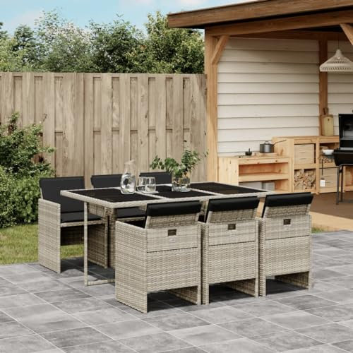 Tidyard 7-TLG. Garten Essgruppe 6 Personen Terrassenmöbel außen Sitzgruppe Gartenmöbel Set Esstisch mit 6 Stühlen Set, Gartengruppe Sitzgarnitur Möbelsets, mit Kissen Hellgrau Poly Rattan2.