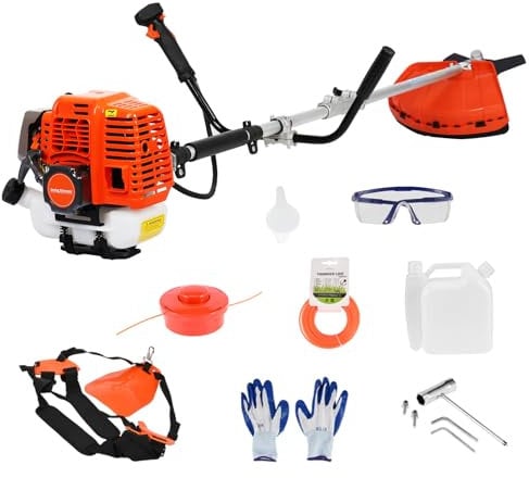 Débroussailleuse Thermique, 52cc, 2 en 1 Débroussailleuse sans Fil Jardin Élagage, Faucheuse, Coupe Bordure, Débroussailleuse Moteur à Essence 2 Temps, Débroussailleuse Essence (Orange)