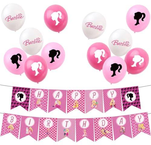 Hot Pink Girls Bar-bie Birthday Decorations Barbie Party Pack,1pcs Happy Birthday Barbies Banner and 12pcs 12inch Barbie Balloons for Kids Girls Barbies Decorations party Supplies