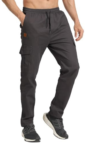 JustSun Cargohose Herren Chino Hosen Herren Cargo Jogginghose Baumwolle Freizeithose Herren Lang Elastische Taille mit Mehrere Taschen Dunkelgrau XL