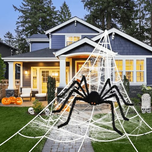 OHHXGK Halloween Deko Outdoor Spinnennetz, Halloween Garten Deko - 125cm Riesenspinne & 20 Mini Spinne, 5M Dreieckiges Riesen Spinnennetz Set - Gruselige Halloween Garten Deko Spinne für Draußen