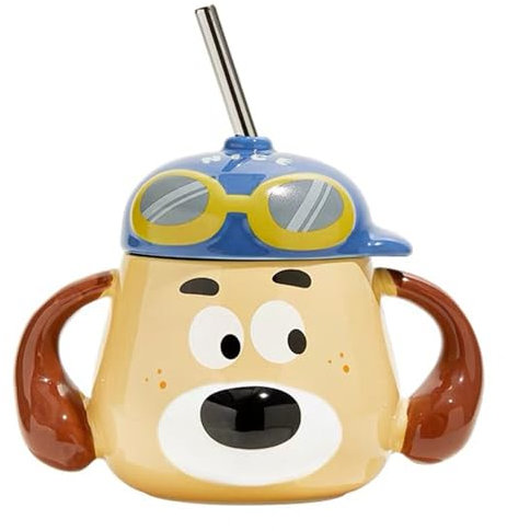 All-Pie 500ml Ceramic Mug, Dog Shaped Cup, Coffee Cup with lid and Straw, Cute (Yellow)