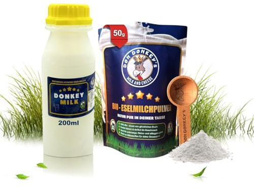 DON DONKEY'S® Probierset 200ml Eselsmilch + 50g Eselsmilchpulver | Frische Rohmilch & hochwertiges Pulver für Ernährung & Hautpflege | Laktosearme Eselsmilch | Reich an Vitaminen | für unterwegs
