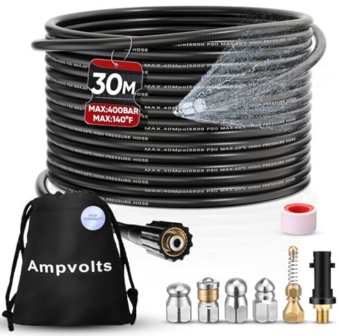 Ampvolts 30 m Sonda Sturatubi per Idropulitrice - 400 Bar/5800 PSI, 5 Ugelli e 1 Adattatore Compatibile con Karcher K2 K3 K4 K5 K6 K7- Pulizia Facile di Tubi e Lavandini Intasati