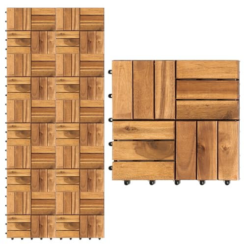 Hebitod Holzfliesen Terrassenfliesen Holz Fliesen, 66 Fliesen für 6m² 30x30cm Balkonfliesen Wetterfest mit Drainage, aus Akazienholz mit Klicksystem Stecksystem (Stil:12 Latten)