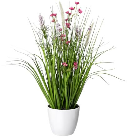CREATIV green künstlicher Blüten-Gras-Mix im Topf 46cm I künstliches Dekogras mit rosa Blüten als Frühlingsdeko I Ziergras Osterdeko I hochwertige & dekorative Kunstgräser